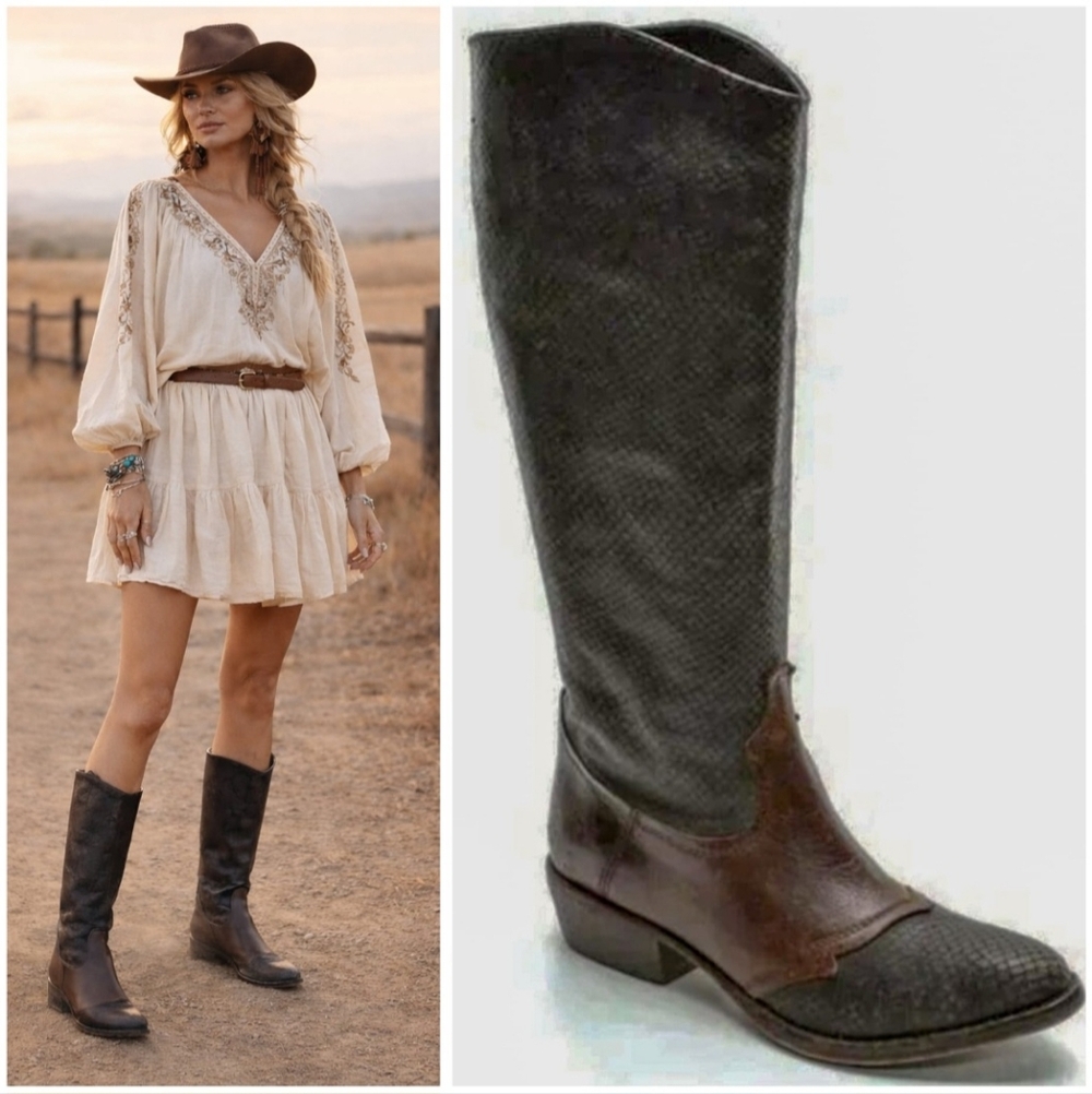 Free People x Matisse Gentry Distressed Leather Western Boots Snakeskin Embossed